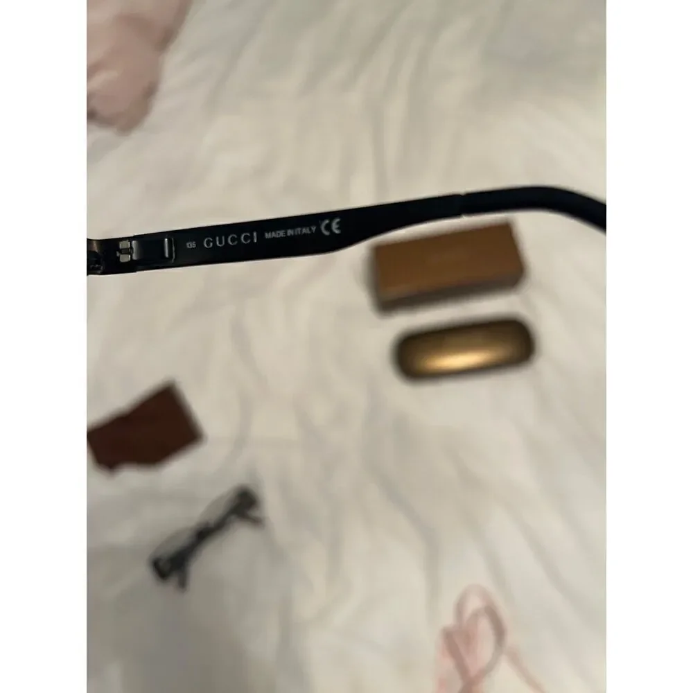 Gucci skinny rectangular black metal frame eyeglasses crystal accent